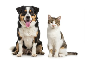 Obraz premium A dog with its tongue out and a cat sitting side by side on a white background in a studio shot