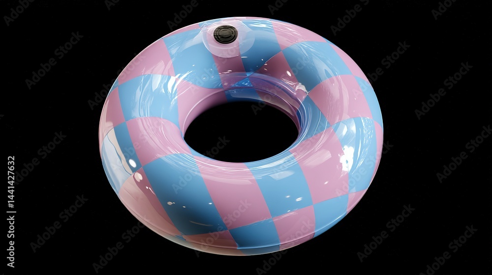 Poster inflatable pool ring with checkered pattern.