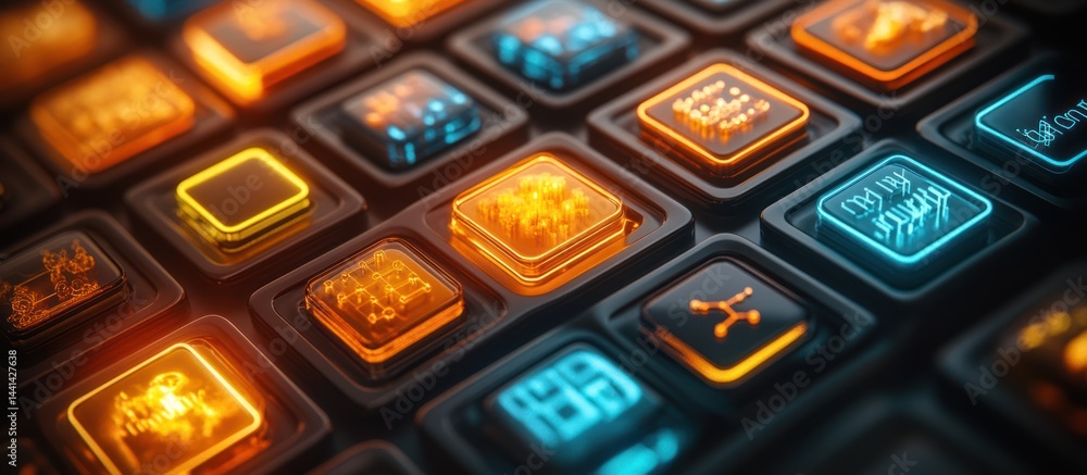 Poster glowing interface buttons; futuristic tech background; website design
