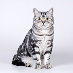 白いマット背景に、ゴールドの瞳を持つアメリカンショートヘアが静かに座っているクローズアップ。太く筋肉質な体と穏やかな表情が優雅に引き立つ

