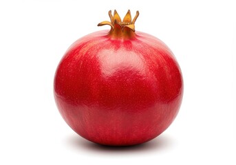A single pomegranate fruit with a smooth red skin and a crown on top isolated on a white background