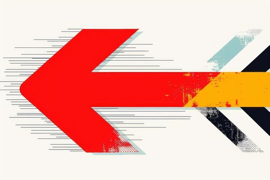 Abstract composition with large bold red arrow pointing left accompanied by smaller black, white, teal, and orange arrows on light beige background with distressed texture and dynamic horizontal lines