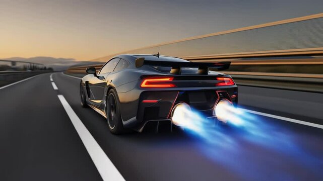 High performance sports car with jet exhausts on highway