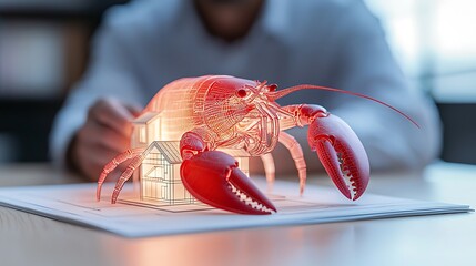 Lobster guarding miniature house blueprint