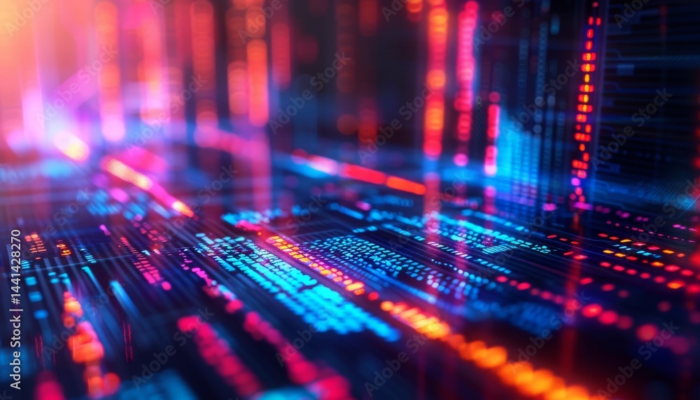 Poster a vibrant digital landscape featuring colorful data streams and patterns, evoking a futuristic and t