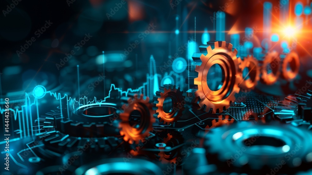 Poster a futuristic digital scene featuring glowing gears and circuit patterns, representing technology and