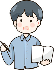Cartoon of a male teacher holding a book and pen
