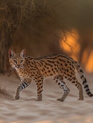 Fototapeta premium Captivating serval cat portrait in the serene desert landscape with warm sunset light and sand dunes showcasing its wild beauty and natural habitat