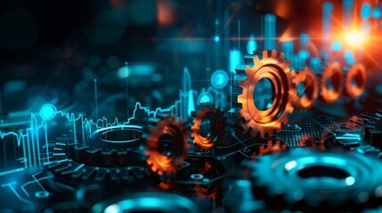 A futuristic digital scene featuring glowing gears and circuit patterns, representing technology and innovation in a mechanized world.