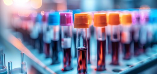 A close-up view of colorful test tubes filled with blood samples, showcasing a vibrant laboratory setting with a focus on medical research.