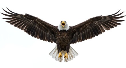 Obraz premium Majestic eagle soaring with outstretched wings against a bright white sky, embodying freedom and nature's awe-inspiring beauty