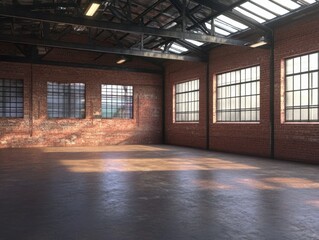 Spacious industrial loft interior with exposed brick walls large windows and natural light creating a versatile backdrop for creative projects and architectural visualization