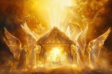 glowing nativity scene with radiant angels surrounding a newborn in a wooden stable with golden light beams and warm atmospheric glow evoking peace and reverence