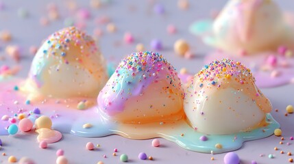 Obraz premium Close-up view of colorful, sugary treats with dripping glaze.