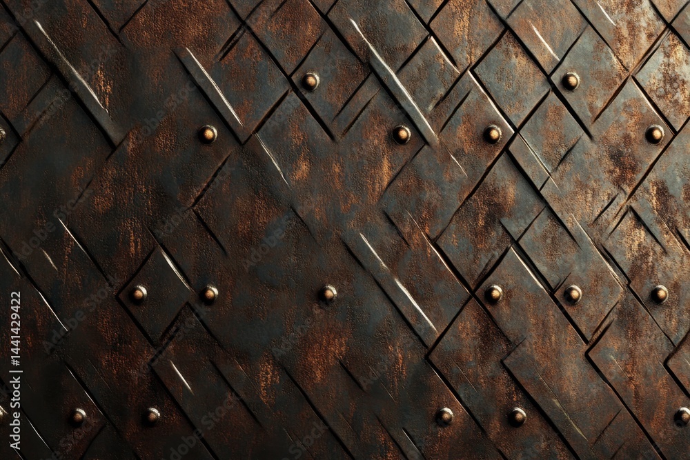 Poster textured metallic armor pattern background with rivets and scratches in a close up view showcasing d