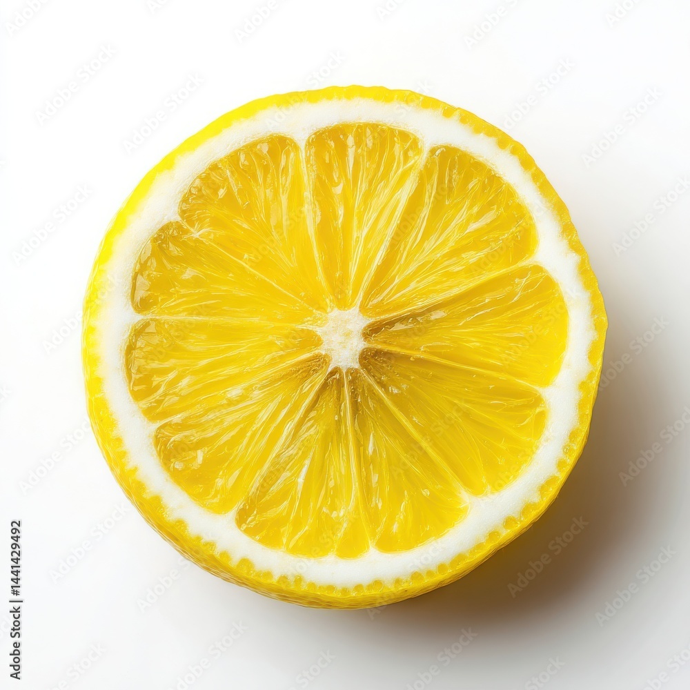 Poster a close-up view of a vibrant yellow lemon slice with a white rind against a white background surface