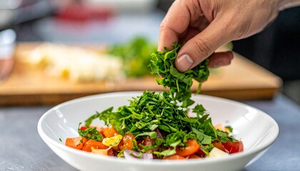 フレッシュなバジルを切る手元のクローズアップ。香りを放ちながら、料理に素敵なアクセントを加える瞬間を見事に捉えた美しいシーン

