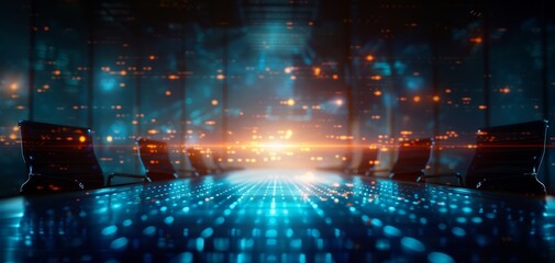 A futuristic conference room with a high-tech ambiance, featuring illuminated surfaces and a digital skyline backdrop.