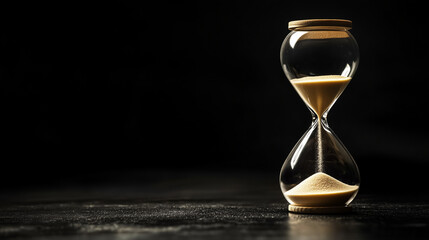 Classic Hourglass with Sand Falling on Black Background Symbolizing Time, Patience, Deadline, and Life’s Fleeting Moments

