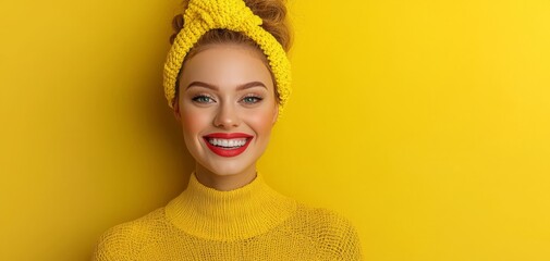 A smiling woman in a vibrant yellow outfit and headband stands against a matching yellow background, exuding joy and positivity.