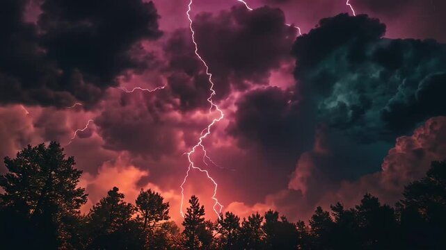 Dramatic lightning storm over dark forest landscape