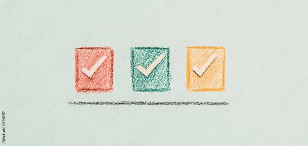 Poster a minimalist illustration of three colored checkboxes representing completed tasks or items, symboli