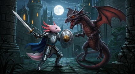 Water Creature Warrior Fights Fierce Serpent In The Night