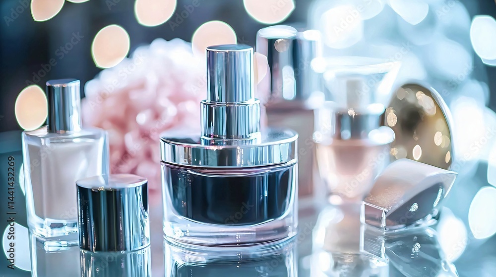 Aufkleber elegant display of various cosmetic perfume bottles with soft bokeh background enhancing the luxurio