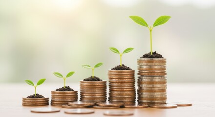 Stacks of coins with small plants growing on top representing financial growth.
