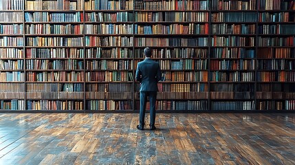 Man Standing Before Large Bookshelf Filled with Books