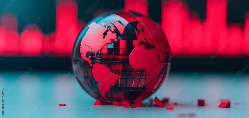 Poster a shattered globe in red tones symbolizes global issues and transformation in a digital age, with a 