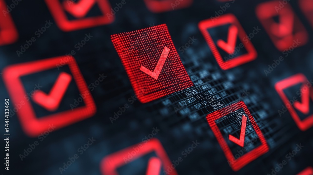 Poster a digital representation of red checkmarks against a dark background, symbolizing approval or comple