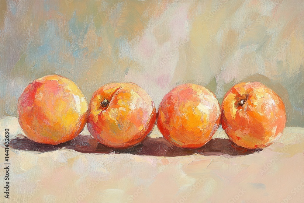 Poster four vibrant peaches aligned in a row painted with textured brushstrokes creating a warm and invitin