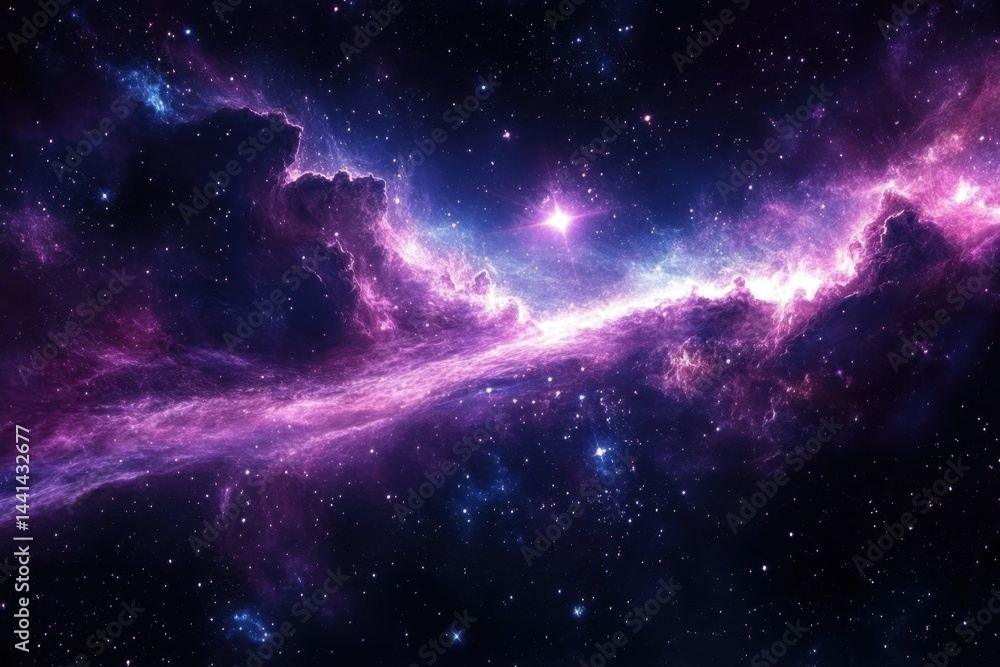 Poster ethereal cosmic cloudscape with vibrant nebula and celestial stars in a dark space background, captu
