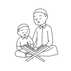 Kids reading al-quran Line Art for coloring page