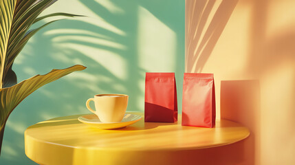 A whimsical and vibrant still life featuring a warm yellow breakfast table with bright red coffee bags, soft pastel hues, and inviting cozy lighting for a cheerful morning vibe