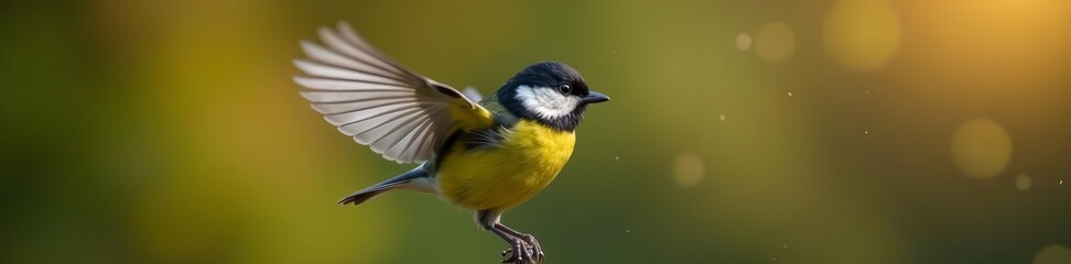 Naklejka premium Close-up of great tit bird in mid-air, wings spread, bird, feathers, wings