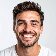 輝く目と喜びの笑顔を見せる30代白人男性のナチュラルなアップをホワイト背景で表現

