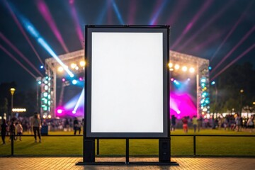 A large blank billboard stands in front of a lively outdoor concert stage with colorful lights and a crowd at night.