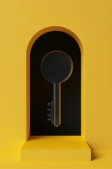 Symbolic key in arched yellow doorway against black backdrop abstract concept for unlocking potential and opportunity minimalist style studio shot with soft lighting