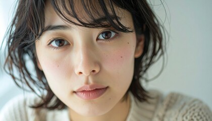 Naklejka premium 集中の深みに引き込まれる30代日本人女性の真剣な視線を捉えた印象的なシーン