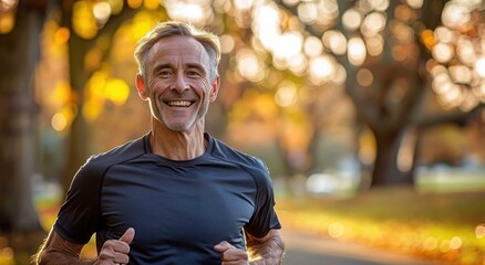 Obraz premium Man jogging outdoors in a park during autumn with golden sunlight filtering through trees, wearing a dark athletic shirt conveying focus and energy