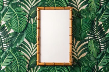 A blank white frame with a bamboo border is centered against a vibrant tropical leaf patterned background.
