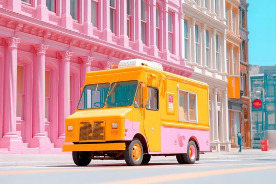 Summertime, retro, cityscape: Ice cream truck on retro city street, bright summer colors, nostalgic composition.