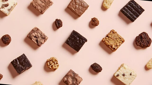 A delicious candy table displays an array of brown chocolate pieces, including dark and milk candies with cocoa and nuts