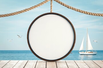 Blank round sign hanging with rope on a pier, with a sailboat and seagulls over a blue ocean under a clear sky.