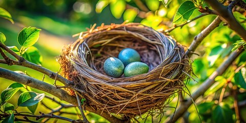 Fototapeta premium Bird's Nest, Nature, Nestling, Wildlife, Avian, Nest, Eggs, Branches, Spring, Summer, Forest, Meadow, Garden, Outdoor, Close-up, Detail, Texture, Warmth, Cozy, Soft, Natural,
