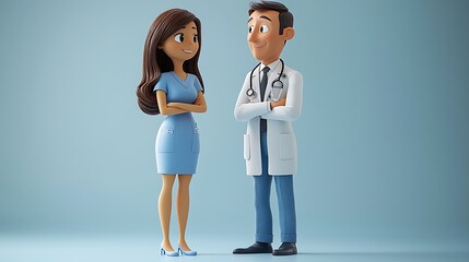 Cartoon Doctor and Nurse Standing Together in Medical Setting