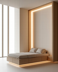 Minimalist bedroom with Murphy bed, built in wood frame, soft lighting, modern style, cozy, serene, bright space