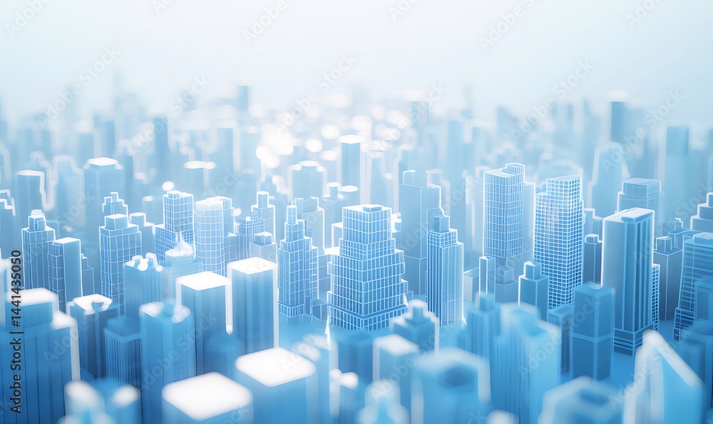 Aufkleber 青い光が輝く未来都市の抽象的な3dイラスト高層ビルが立ち並ぶ都市景観